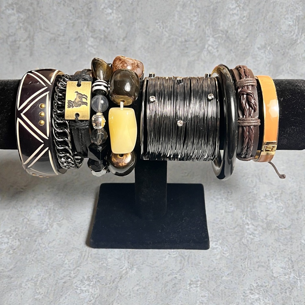 9pc Mixed Media Bracelet Set Bangle Cuff Beaded Leather Boho Tribal Rhinestone